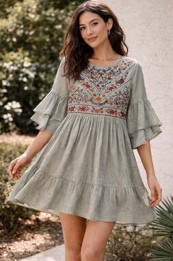 Umgee Sage Green Floral Embroidered Tiered Bell Sleeve Babydoll Dress